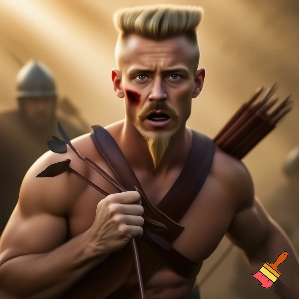 A realistic battlefield photograph of a muscular medieval archer with fair skin, shown from the waist up. He has a short blond flattop haircut, a pointed goatee connected to his mustache, and clean-shaven cheeks. He wears a leather strap across his chest and a full leather quiver of arrows on his back. He has a bloody arrow embedded in the left side of his chest, and his strong hand is gripping the shaft of the arrow near the wound. His expression shows pain and shock, and the background is filled with dust, blurred soldiers, and warm sunlight.