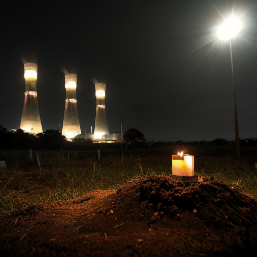 A forest In the night, thick vegetation and tall trees, mud and wet ground, the sea in the distance can be seen from a gap in the vegetation, necropolis hidden in the scrub, burials with deaths due to outrageous treason, no tombstone just few iron rusty cross and piles of stone, Ruins of dismantled and rusted nuclear power plant cooling towers in the background, Ruins of early Middle Ages byzantine church below the power plant, some light of ritual candlesand lantern, black sky, dark gothic mood, heavy seppia warm filter, very low light, shot on kodak, 35mm photo, sharp focus, high budget, cinemascope, film grain, grainy. soft focus, depth of field, high resolution, high quality, high detail. 8K photo, HDR, professional lighting. 4000x3000px
