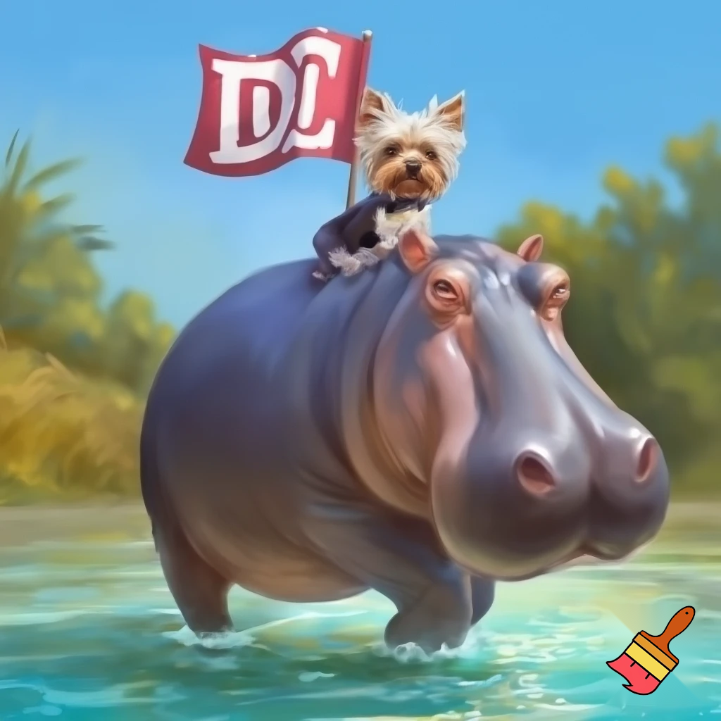 A tiny Yorkie waiving a flag with the letters DC riding a cute hippopotamus