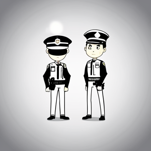 two anime men standing next to each other one wearing half police uniform and a police hat with a visor covering his face and eyes and the other man is wearing full police uniform 