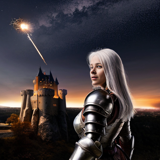 young white-haired woman in armor watches as meteorites fall on her castle