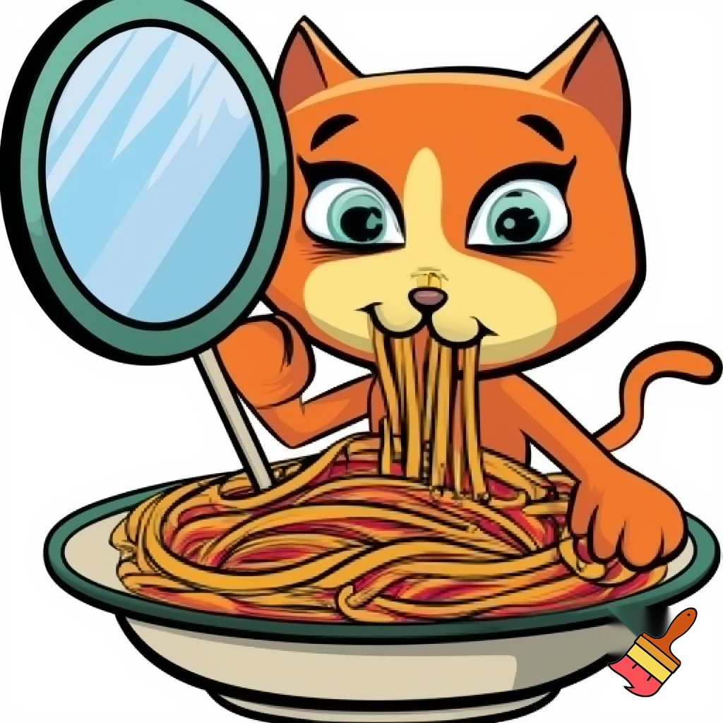 une image ne mode cartoon avec des gros yeux d'un petit chat roux femelle avec un petit sourire espiegle qui mange dans mon assiette de spaghetti bolognaise a table quand j'ai le dos tourné