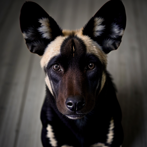 A black wild dog taking a mugshot looking DEADLY, sinister, angry and malicious