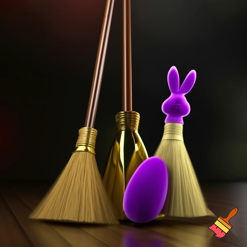 Broomstick, gold broomstick and purple Easter bunny broomstick