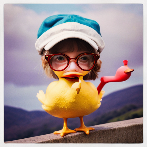 Blue duckling, purple duckling with eyelashes and red bow, yellow duckling with pink cap and red duckling with gray glasses went out one day, over the hills and far away.