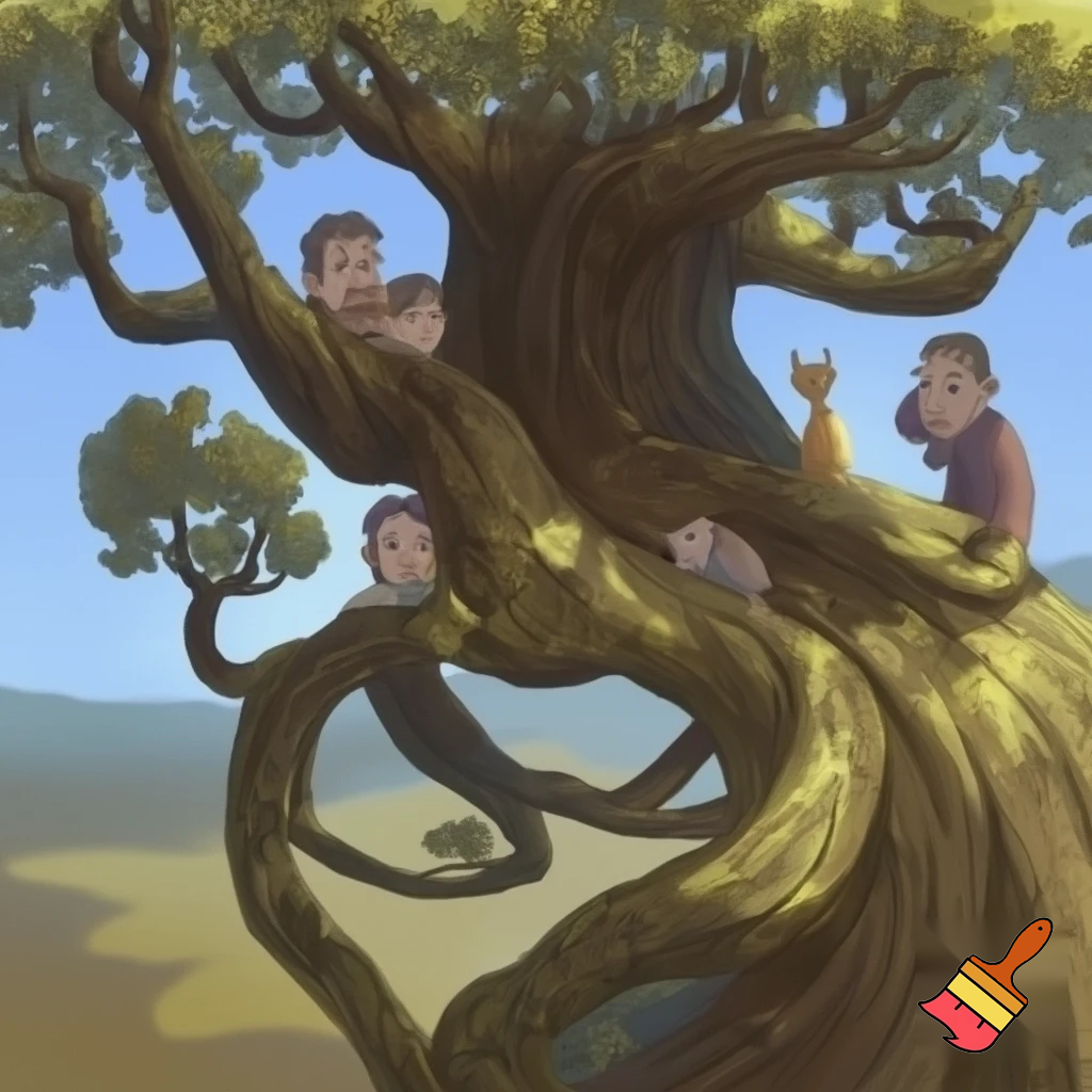big tree with a child, a cat and four adults stuck in it