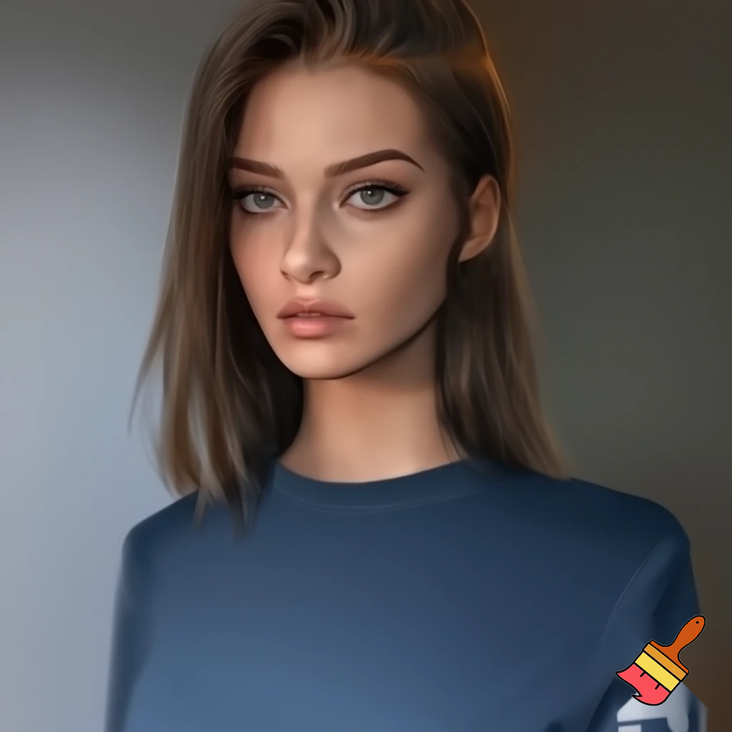 Девочка со средними волосами с прямой челкой с серыми глазами и в синем  лонгсливе с числом 07