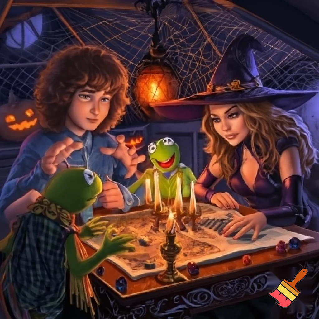 Dustin and Eddie munson with Kermit the frog and jlo are playing dungoens and dragons on halloween


