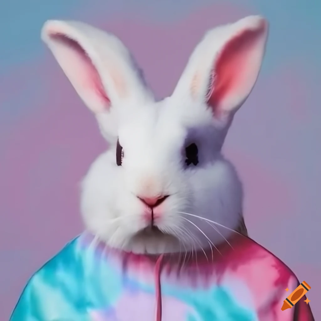 Fluffy white bunny wearing a tie-dye nike hoodie