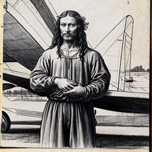Make a sketch of Leonardo da vinci leaning on the wright brothers airplane
