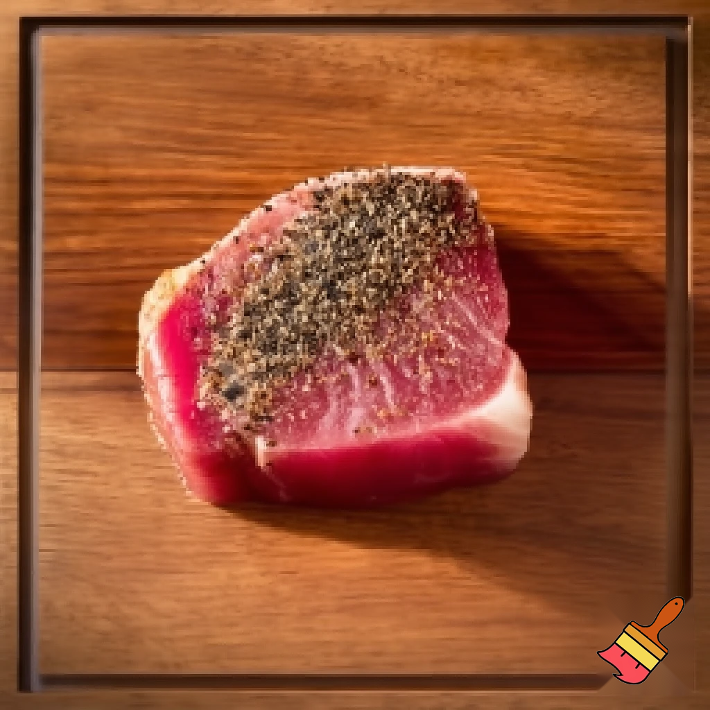 Make this image of pepper encrusted tuna steak look photo-realistic, keep all the colors the same, but remove the black background and change it into a classy hardwood background, center the image into a 1:1 square, add a matching hardwood border.