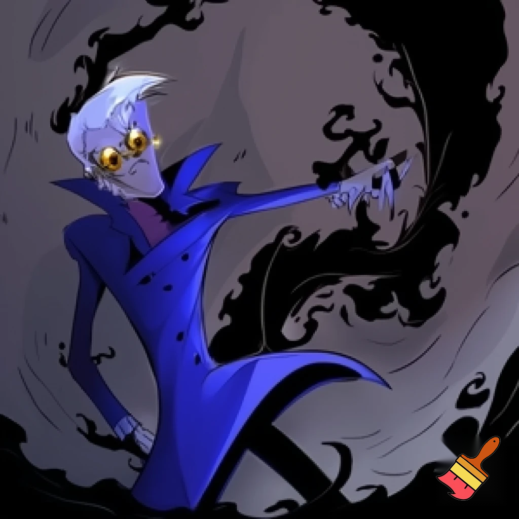 A tall, lean pale man with a similar build to Alastor with white hair, distinctive round brass glasses he has a stern look on his face. his face In cartoonish art style of hazbin 
hotel wearing his signature blue overcoat with black sinister smoke curling around him his hand reaching out, producing the black sinister smoke