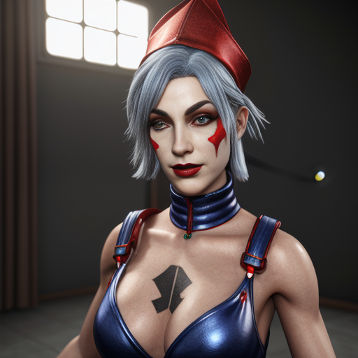 an image of a 3d render red and blue jester named pomni from the amazing digital circus