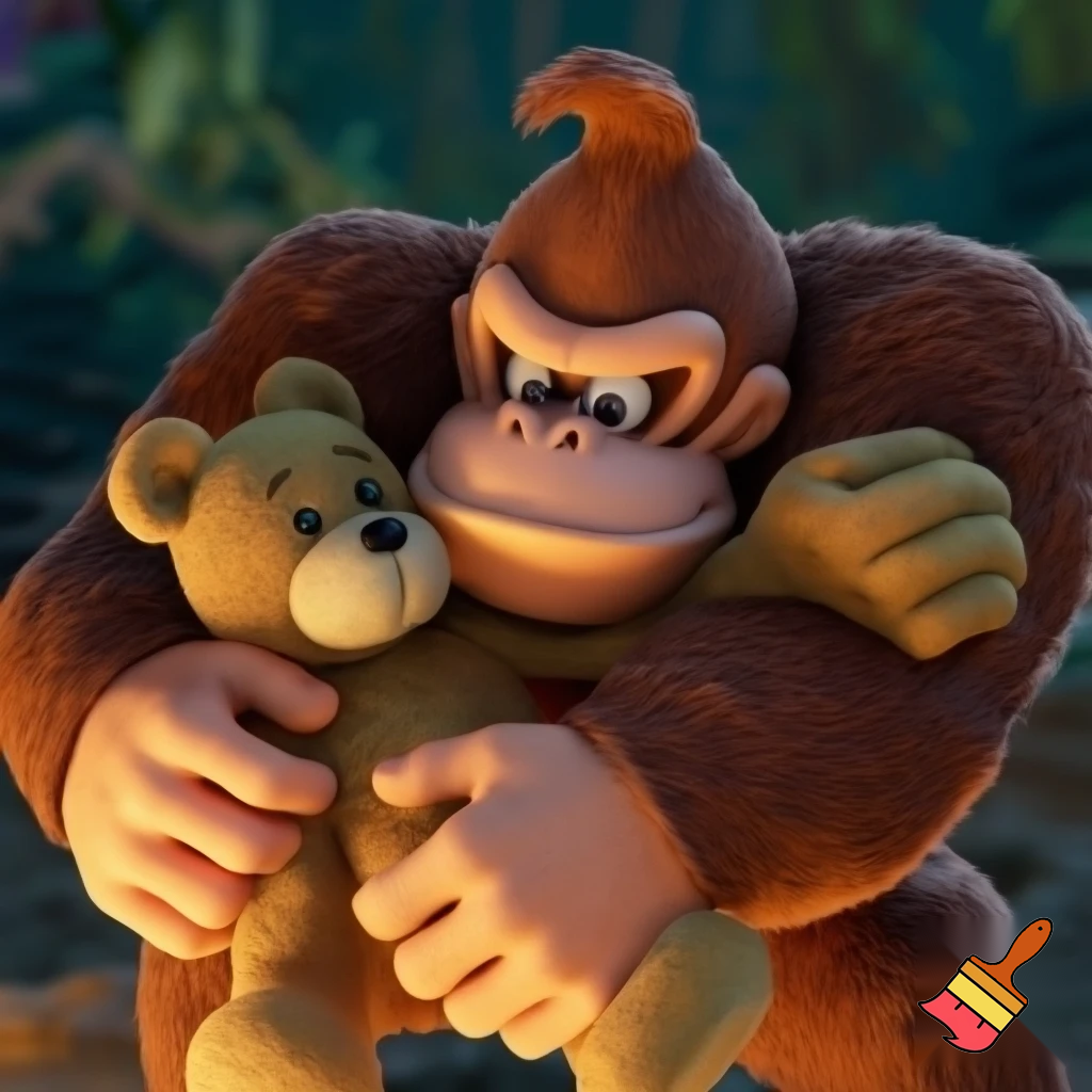 Donkey Kong hugging a teddy bear