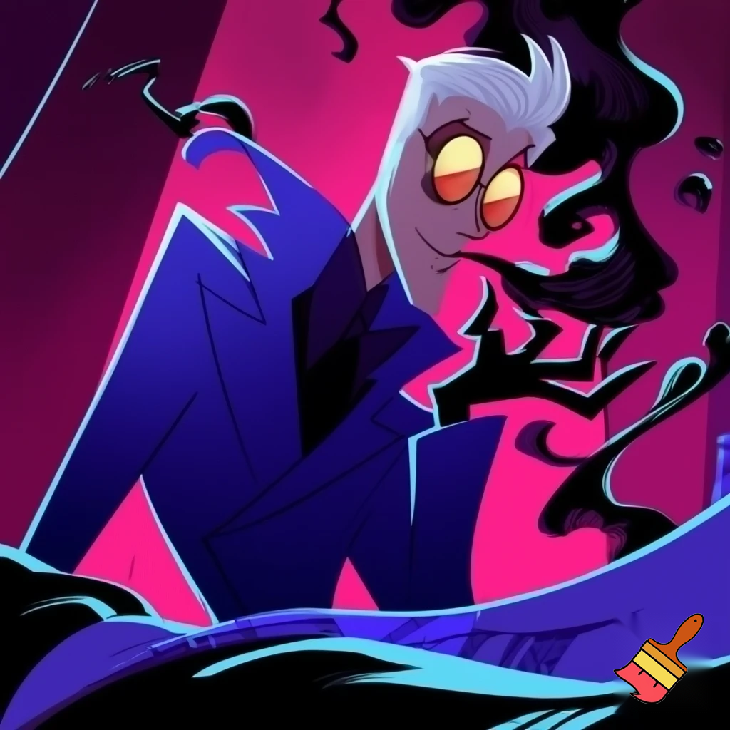 A tall, lean pale man with white hair, distinctive round brass glasses he has a stern look on his face. his face In cartoonish art style of hazbin hotel wearing his signature blue overcoat with black sinister smoke curling around him his hand reaching out, producing the black sinister smoke