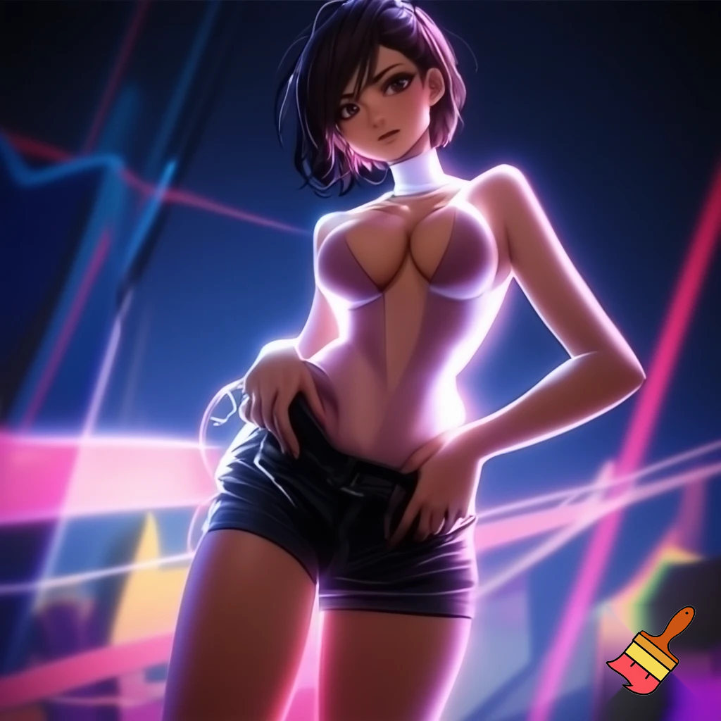 Anime girl 20 years old so cool and cute is dressing a low cut dress and very revaluing and cool short black jeans is standing make is so anime  is doing an cool pose and the girl is holding her jeans with cool pose and her body is shiny and her face and waist and ass is so cool and make it so cool and so so so cute