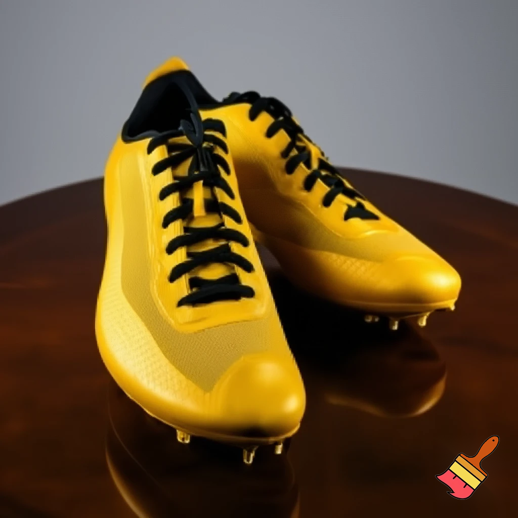 gold-yellow track shoes on a table with black laces