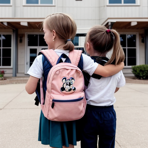 A bright, colorful children’s book cover in the style of a Disney cartoon. In the center, a smiling girl stands in front of a cheerful elementary school building, next to her younger brother who has Down syndrome and autism.

The girl has light skin and big expressive eyes. She has blonde hair in a high ponytail with a cute hair tie. She is wearing a light pink skirt and a white ruffled shirt, with a colorful backpack on her shoulders.

Her brother has light skin, short fluffy hair, and gentle, happy eyes. Show his features clearly so it’s clear he has Down syndrome, but in a kind and respectful way. He is wearing a dark blue shirt, black shorts, and a backpack. He is smiling and standing close to his sister, maybe holding her hand or standing shoulder to shoulder, to show their strong, loving bond.

Behind them is a warm, welcoming school building with big windows, a front door, and the school name on a sign or banner. Add trees, flowers, and a sunny blue sky with soft clouds to make the scene bright and happy, like a Disney movie background.

At the top of the cover, in large, playful, Disney-like letters, write the title: “Posey’s Story”.
Leave space at the bottom for the author’s name.

The overall style should be like a Disney animated film: soft shading, big friendly eyes, rounded shapes, and an emotional, heartwarming feeling that celebrates siblings, kindness, and inclusion. Make it more cartoon