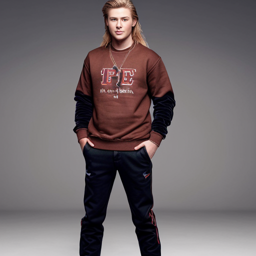a cool guy with brown heir as a short mullet and a red sweatshirt and black long pants