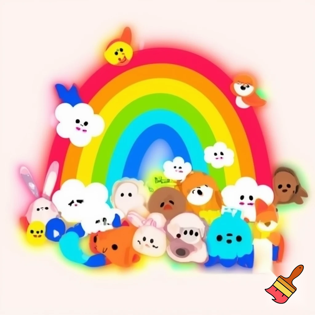 "Cartoon rainbow with smiling clouds and cute animals, YouTube style, kids channel logo."