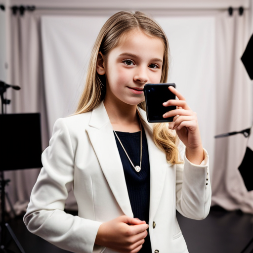 A spoiled very beautiful girl with blonde hair a white blazer and an expensive phone in her hand. She is in a fancy studio with cameras around her she is 11 years old