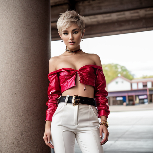 Attractive woman with an ash blonde pixie cut and a slim build wearing bold makeup, minimal jewelry, a cropped jacket, a bandeau top, cigarette pants with a belt, and peep toe chunky heels 