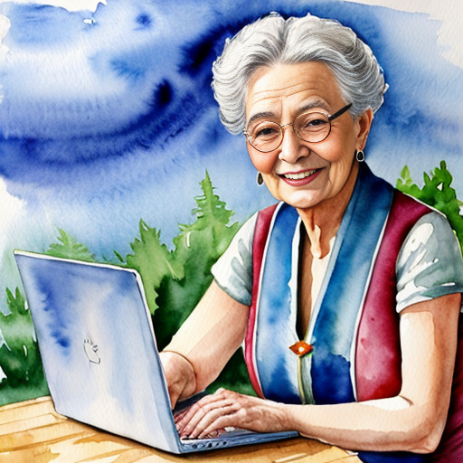 female wizard, laptop, monocle, compass, smiling, old

