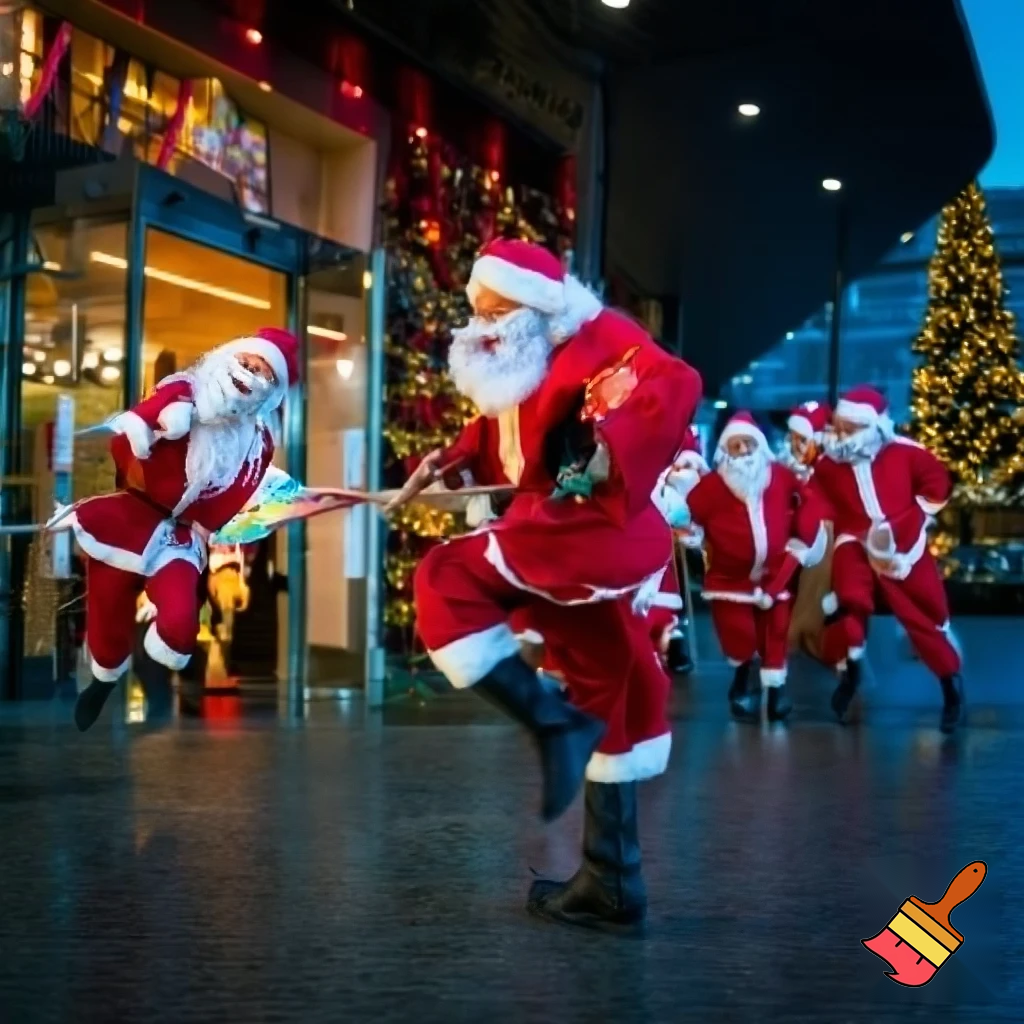 Santa Claus dancing shopping Centre walking Australian magic walking stick walking stick star running outside of the shopping centre on the Christmas tree  policeman are running the two naughty Santa Claus the two good Santa Claus and the naughty one