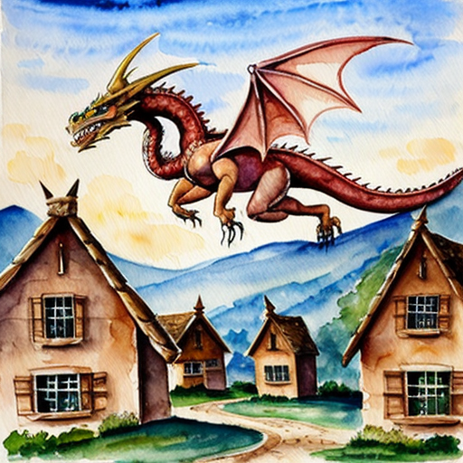 Draw me a mythological dragon flying through the sky above a village, breathing fire on the houses