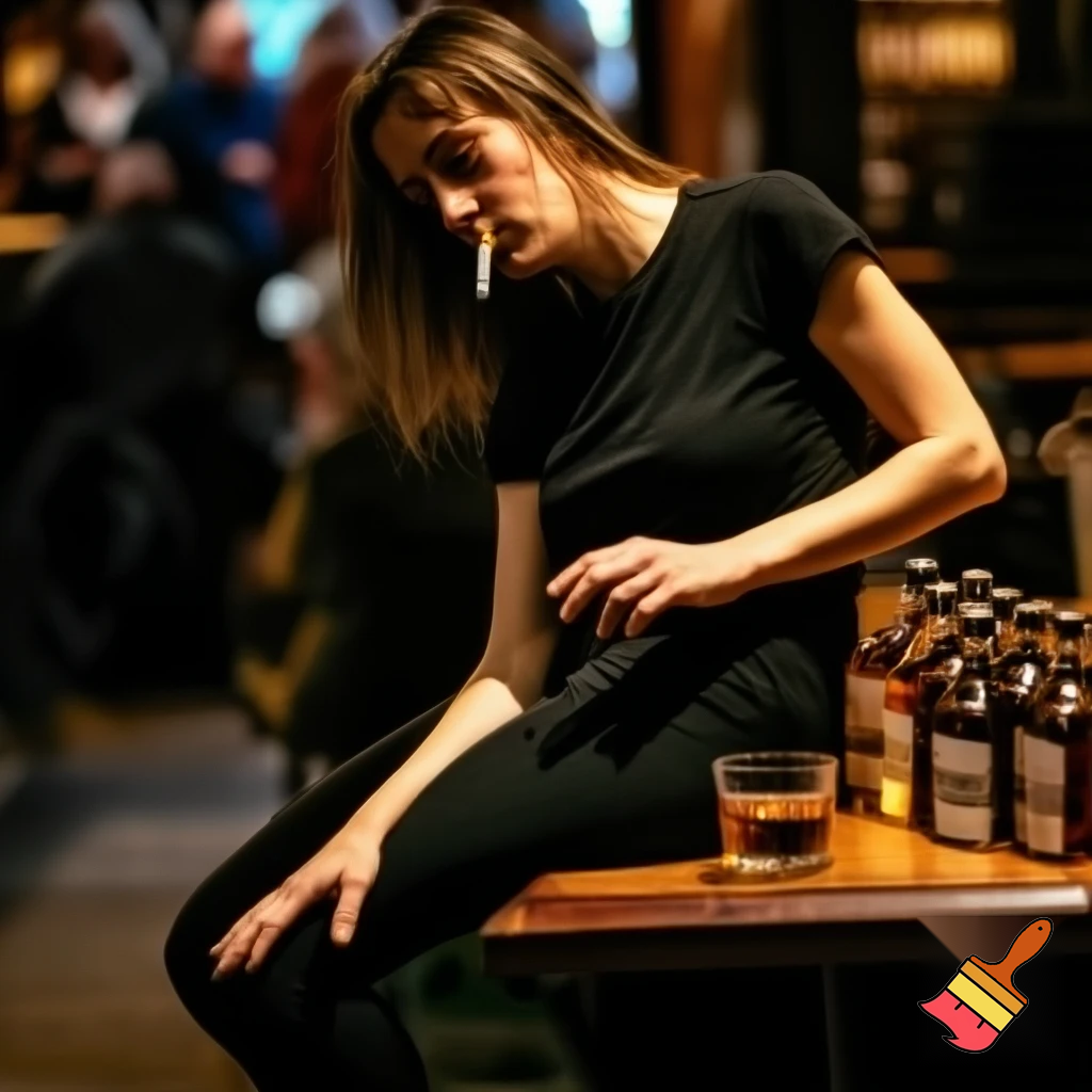an extremely drunk and passed out 26 year old british girl with freckles in her hand and face wearing black leggings and t shirt at a bar with a cup of whiskey in her hand with a cigarette in her mouth and 8 empty bottles of whiskey 