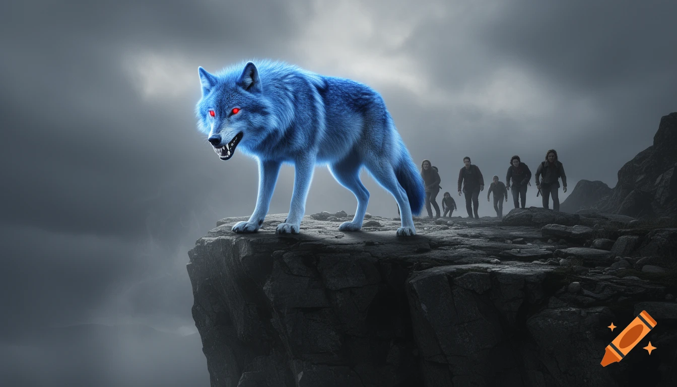 A wolf with glowing blue fur, glowing red eyes and gleaming fangs. The wolf is on the end of a rocky cliff with people coming towards him