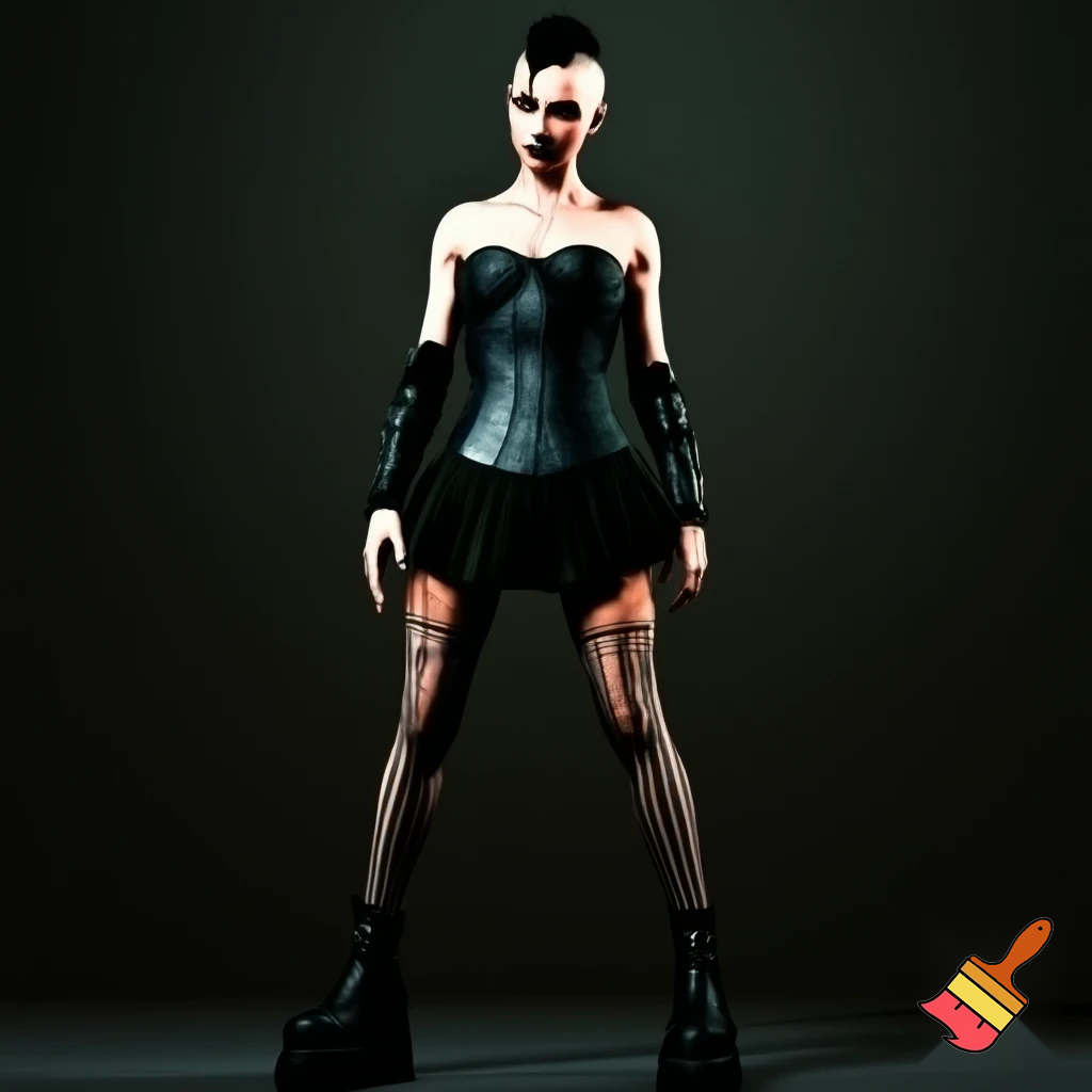 Woman with an undercut and bold makeup wearing a collar, buckle arm warmers, a corset, a pleated skirt, vertical striped stockings and platform boots 