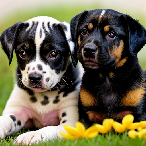 Dalmatian Puppy beside Rottweiler Puppy with flowers 