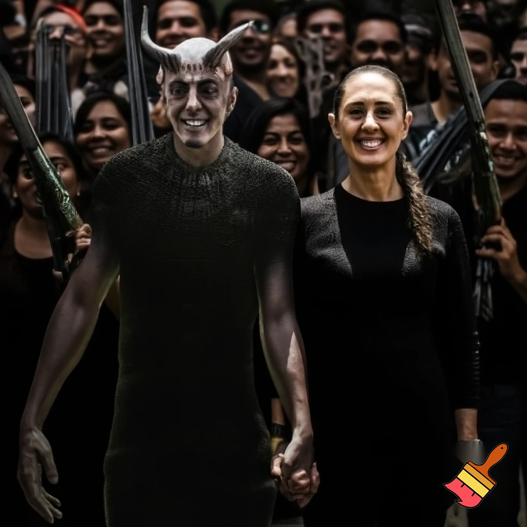claudia sheinbaum holding hands with the devil and smiling, full body, and deep down people smiling with long weapons