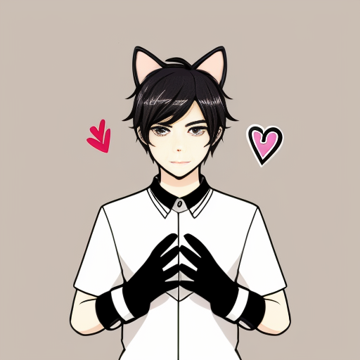 anime teenage boy with red eyes, black hair, white cat ears, a white shirt
,  black gloves with one love heart per glove and a brown cat tail with a white stripe near the tip.