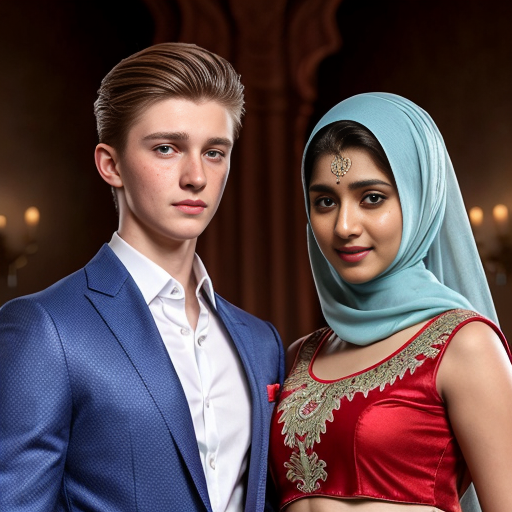 A russian handsome boy with pale skin blonde hair and blue eyes, wearing a suit,tall 188 cm staning with a Bangladeshi girl with warm skin dark eyes, wearing a red wedding full cover lehenga with hijab, 168 cm tall,  wefding scene
