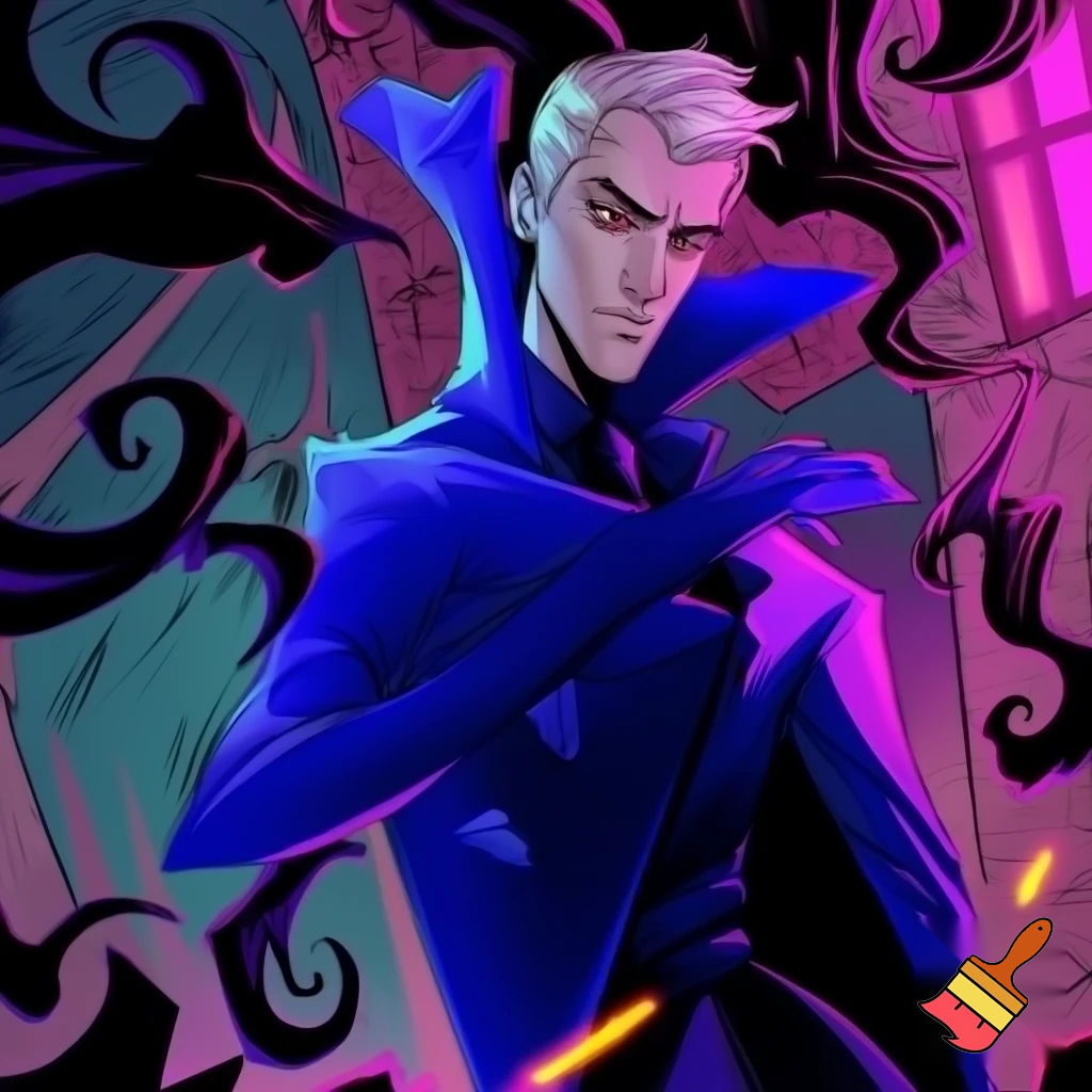 Percival de rolo from Vox Machina in the art style of hazbin hotel wearing his signature blue overcoat and smoke curling around him