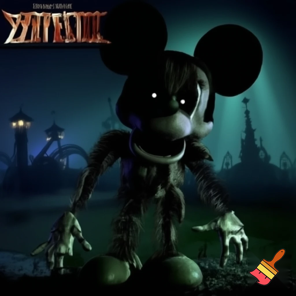 A horror video game main menu screen with a title on the top left that says “Five Nights in Disneyland” on the right it shows an Animatronic Mickey Mouse