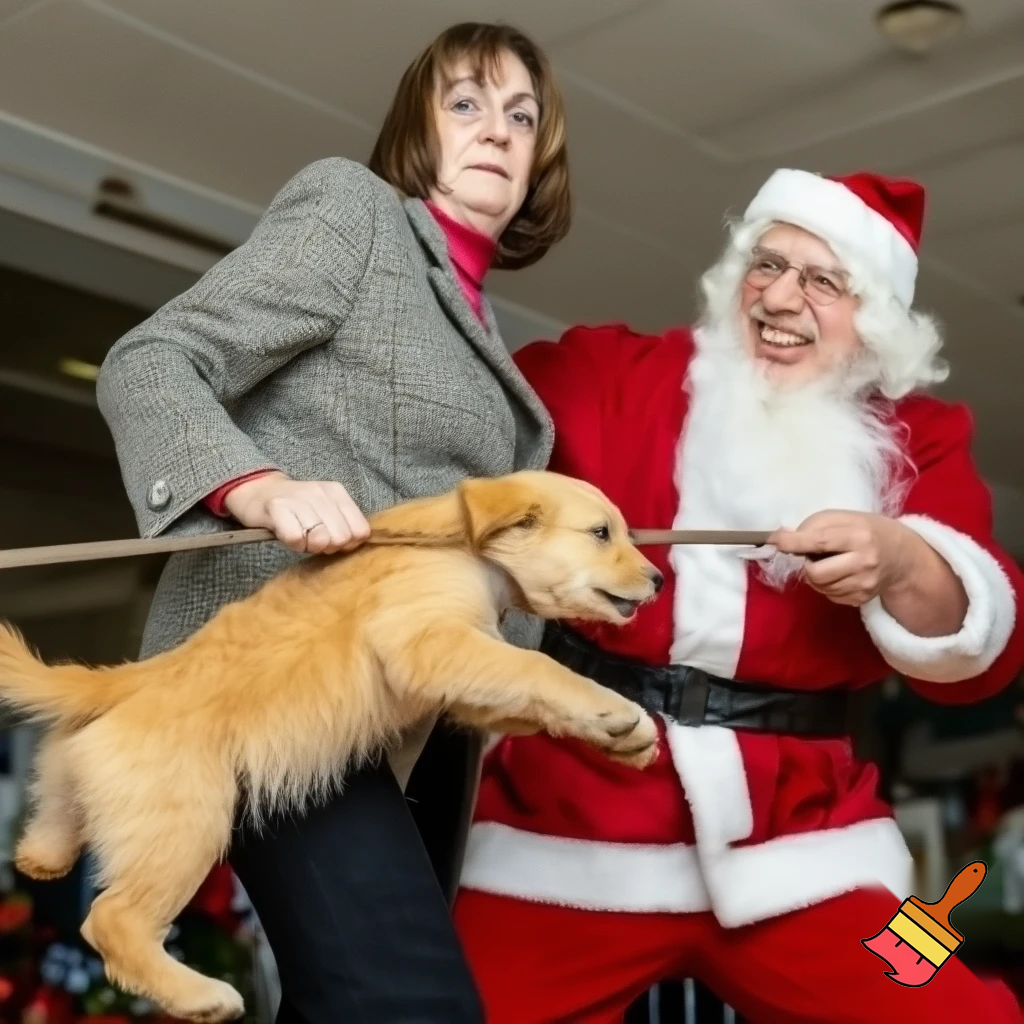 teacher and Santa fighting over a puppy
