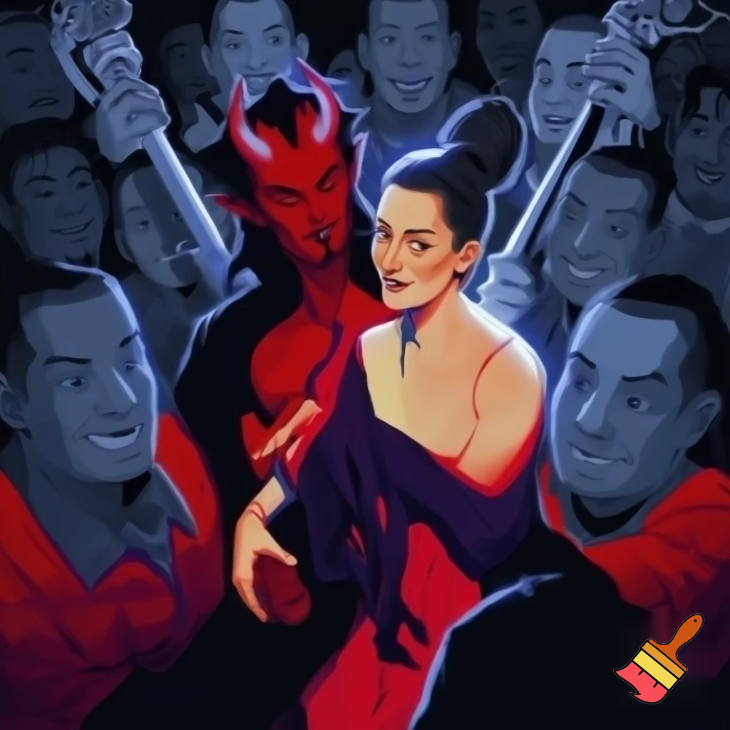 claudia sheinbaum holding hands with the devil and smiling, full body, and deep down people smiling with long weapons