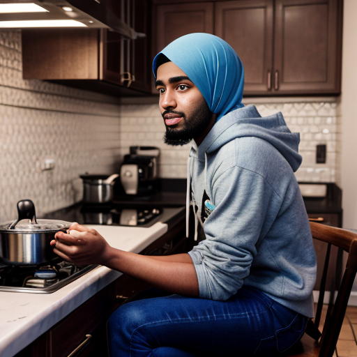 Pixar-style 3D cartoon, bright friendly colors, kitchen scene. Muslim mother, 35-40 years old, fully covered in light blue dress, cooking on the stove. Her son, 20 years old, wearing a blue hoodie and black jeans, short Muslim hairstyle, sitting at the table. Warm lighting, cozy atmosphere, detailed kitchen, natural composition young Muslim man, 20 years old, blue hoodie, black jeans, short Muslim hairstyle, bearded, round face, brown eyes