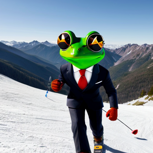 animated frog wearing a suit and tie with cool avaitor sunglasses skiing down a mountain
