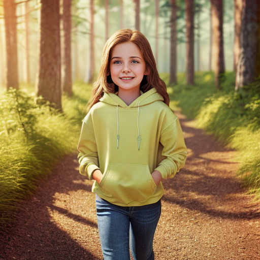 A sweet 7-year-old girl, fair skin, big expressive hazel eyes, long chestnut brown hair slightly wavy, small round nose, soft rosy cheeks, gentle smile. She wears a light green hoodie, blue jeans, white sneakers, and a small yellow backpack. Pixar-style 3D character, soft lighting, rounded shapes, child-friendly proportions, high-quality 3D illustration.
Walking on a forest path near her house, tall trees and bushes, sunlight rays through leaves, small colorful flowers along the path, peaceful and warm atmosphere, square format, 1:1 aspect ratio, centered subject
