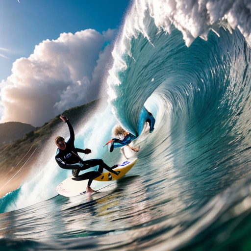 An male and an Female surfer on an single big wave surfing, the water is clear 