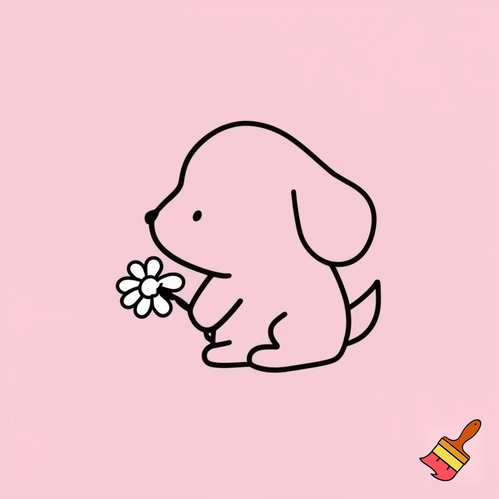A minimalistic simple cute pink kawaii puppy holding a daisy flower, Japanese drawing style.