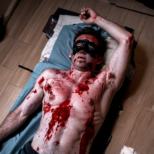 A shirtless random man (neighbor), face are hiding by shirt, died already, chest open wounded, blood everywhere, eye closed, floor on corpse.