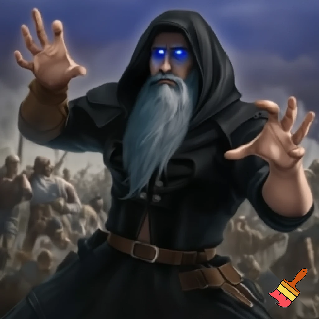  a grey-beard archmage in black clothes and hood with shiny blue eyes, on a battlefield surrounded by corpses and casting a powerful barrier spell with his hands.  