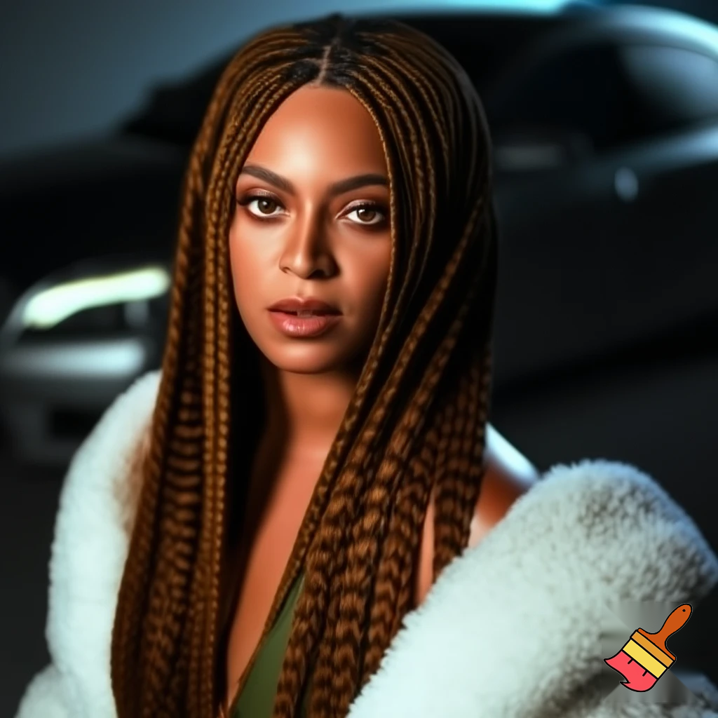 Beyonce with long african brown box braids with brown makeup wearing a dark pastel transparent green bodysuit with a white fur coat on standing in front of a car ,photoshoot, face angle face  ,face angle close up 6 differents poses