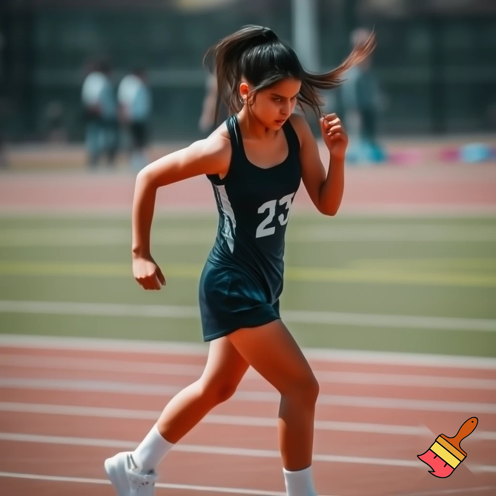 Jenna Ortega running at a school sports day, wearing a sport tank top with the number 23 on it, and some short sports shorts, and white trainers. Make her hair tied up in a ponytail. 