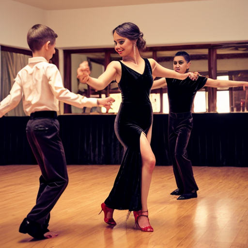 Mom dancing with group of boys a latin dance.she is wearing velvet leg slit dress.red rose on her hair.